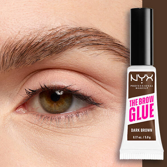 Close-up of an eye and brow with NYX Professional Makeup The Brow Glue Instant Brow Styler in Dark Brown shown beside the brow for a defined, brushed-up finish.
