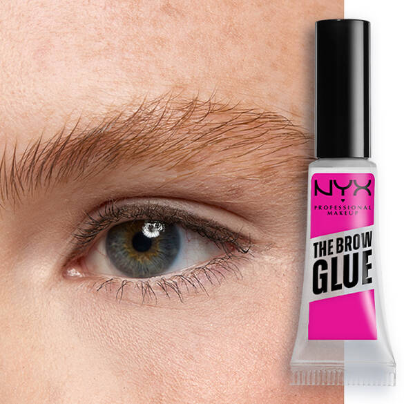 Close-up of an eye and brow with NYX Professional Makeup The Brow Glue Instant Brow Styler in Clear shown beside the brow for a natural, brushed-up finish.