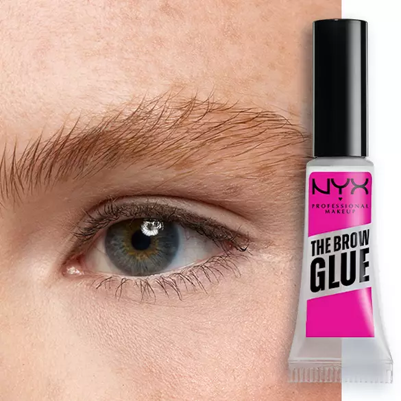 Close-up of an eye and brow with NYX Professional Makeup The Brow Glue Instant Brow Styler in Clear shown beside the brow for a natural, brushed-up finish.