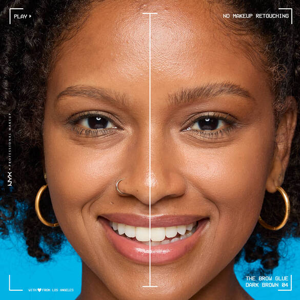 Split-face close-up of a smiling model showing brows before and after using NYX Professional Makeup The Brow Glue in Dark Brown 04, with on-image text Play and No Makeup Retouching.