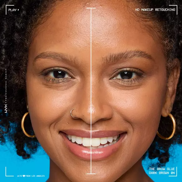 Split-face close-up of a smiling model showing brows before and after using NYX Professional Makeup The Brow Glue in Dark Brown 04, with on-image text Play and No Makeup Retouching.