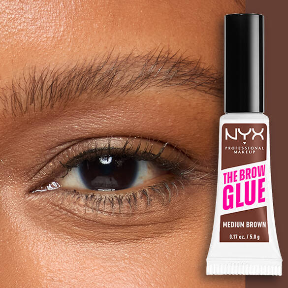 Close-up of an eye and brow with NYX Professional Makeup The Brow Glue Instant Brow Styler in Medium Brown shown beside the brow for a defined, brushed-up finish.