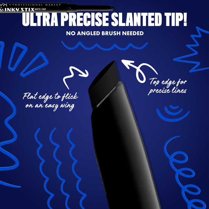 Blue-themed NYX graphic highlighting the slanted tip of an eyeliner pen. Arrows explain how to use the flat edge for wings and the top edge for precise lines. Text: "Ultra precise slanted tip! No angled brush needed." in shade 01 Black Screen