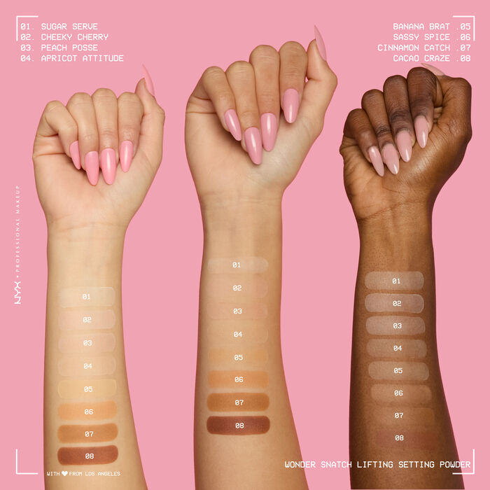 All eight Wonder Snatch Setting Powder colors swatched on three different skin tones with the arms raised high