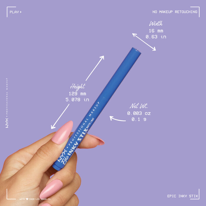 Close up of a model holding a Epic Inky Stix product and dimensions outlined 