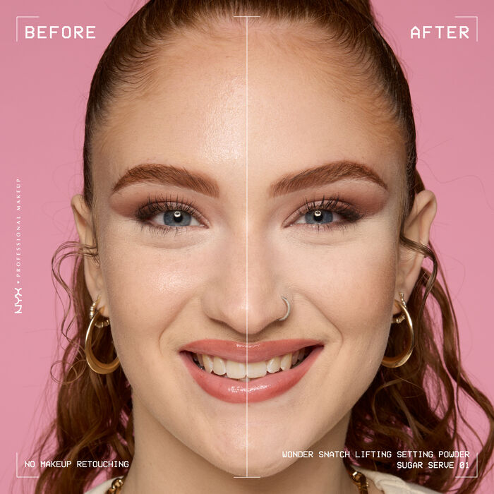 Beauty visual featuring model with before and after using Wonder Snatch Setting Powder in shade  01 Sugar Serve