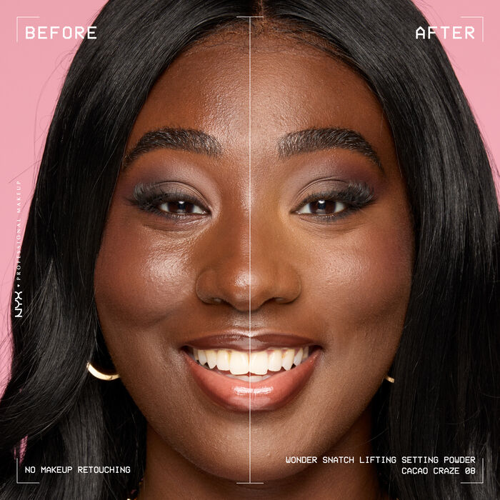 Beauty visual featuring model with before and after using Wonder Snatch Setting Powder in shade  08 Cacao Craze
