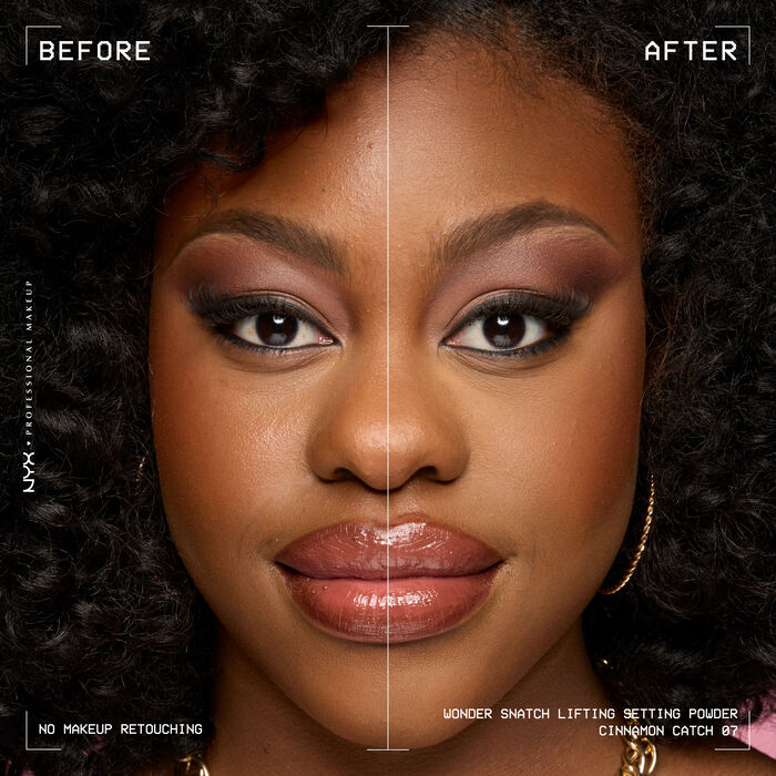Beauty visual featuring model with before and after using Wonder Snatch Setting Powder in shade  07 Cinnamon Catch
