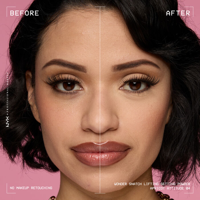 Beauty visual featuring model with before and after using Wonder Snatch Setting Powder in shade  04 Apricot Attitude