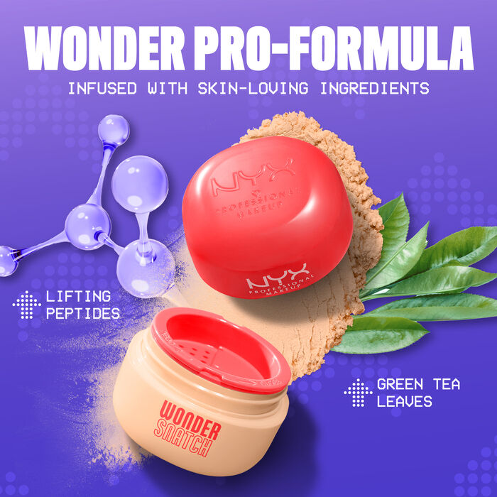 Wonder Snatch Setting Powder open packshot with texture surrounded by ingredients of peptides and green tea leaves