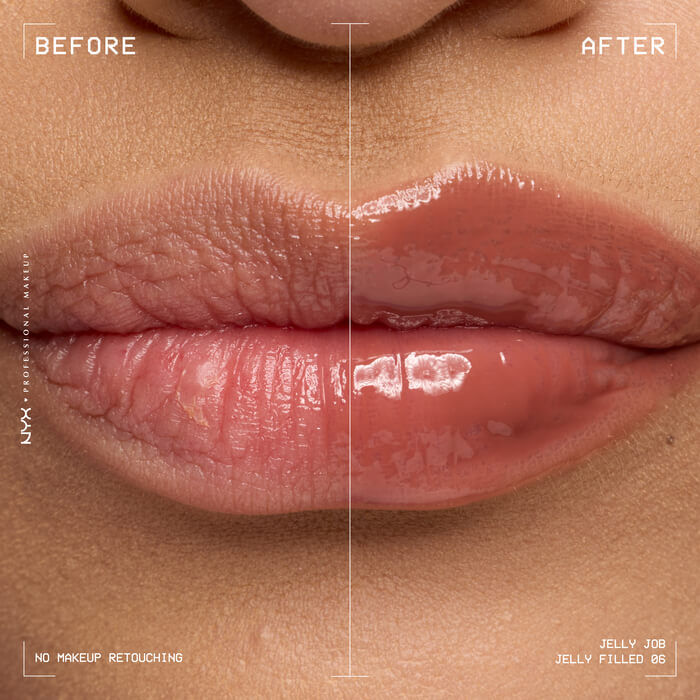 Lip macro showing a before and after close up of model wearing Jelly Job in shade 06 Jelly Filled