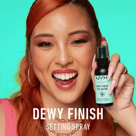 NYX Professional Dewy Finish Setting Spray - Lightweight, breathable dewy makeup setting spray delivering a glowing shimmer finish.