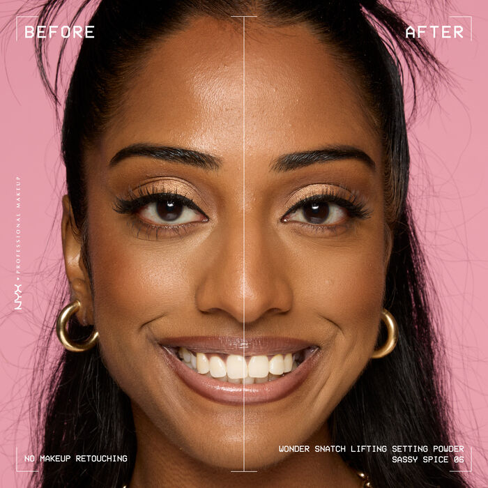 Beauty visual featuring model with before and after using Wonder Snatch Setting Powder in shade  06 Sassy Spice