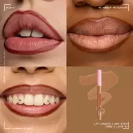 Quadrant showing Lip Lingerie Lip Liner Stain on three models of fair, deep, medium skin tones and the product solider with swatch behind the hex code color in shade 01 Tease U Later