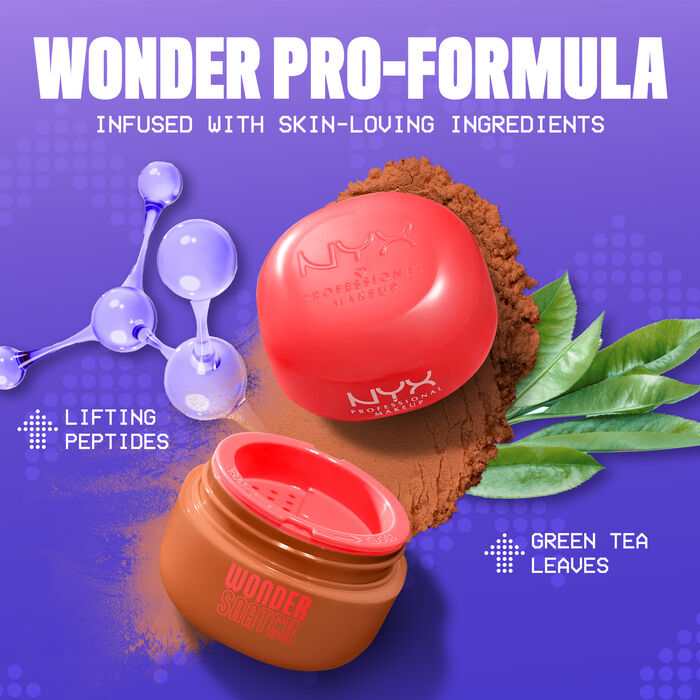 Wonder Snatch Setting Powder open packshot with texture surrounded by ingredients of peptides and green tea leaves