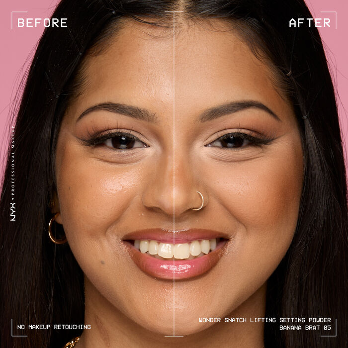 Beauty visual featuring model with before and after using Wonder Snatch Setting Powder in shade  05 Banana Brat