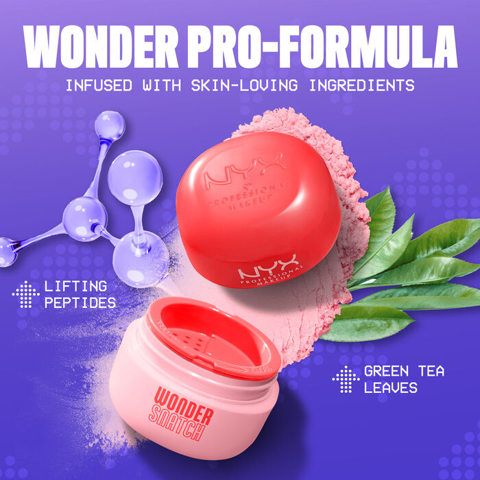 Wonder Snatch Setting Powder open packshot with texture surrounded by ingredients of peptides and green tea leaves