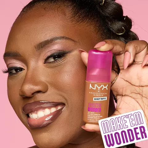MAKE ‘EM WONDER SOFT MATTE BUILDABLE FOUNDATION: 24H skincare-infused soft matte foundation. Hydrates, brightens & evens skin in 45 shades. Waterproof, fade-resistant for flawless, weightless wear.