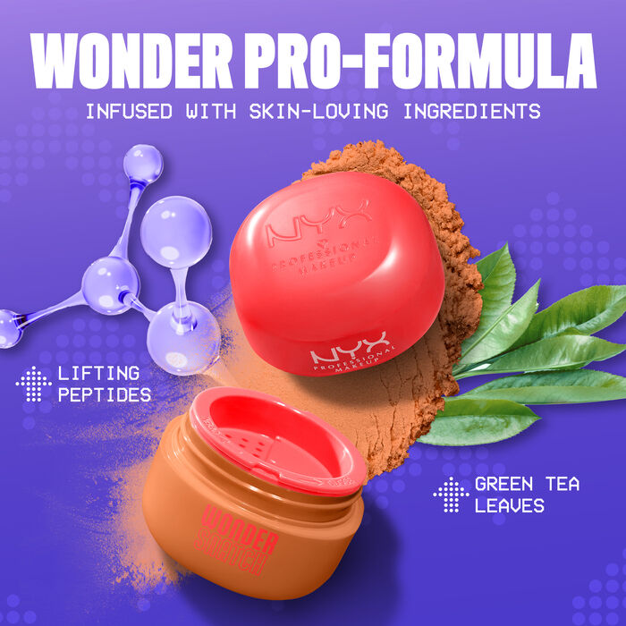Wonder Snatch Setting Powder open packshot with texture surrounded by ingredients of peptides and green tea leaves