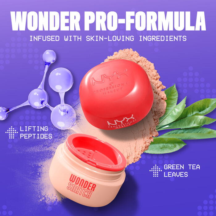 Wonder Snatch Setting Powder open packshot with texture surrounded by ingredients of peptides and green tea leaves