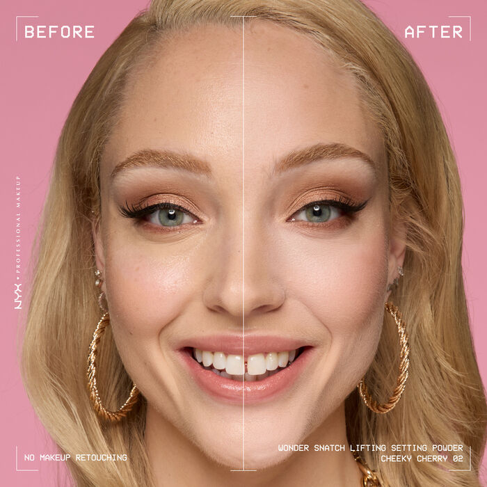 Beauty visual featuring model with before and after using Wonder Snatch Setting Powder in shade  02 Cheeky Cherry