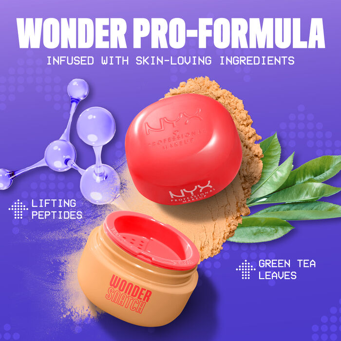 Wonder Snatch Setting Powder open packshot with texture surrounded by ingredients of peptides and green tea leaves