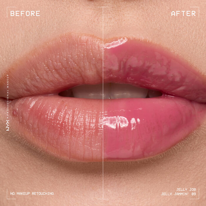Lip macro showing a before and after close up of model wearing Jelly Job in shade 09 Jelly Jammin'