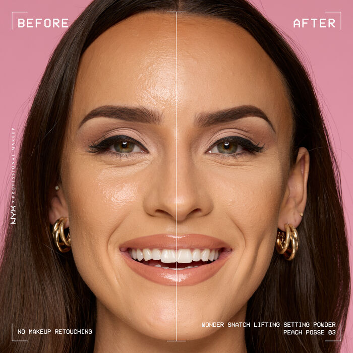 Beauty visual featuring model with before and after using Wonder Snatch Setting Powder in shade  03 Peach Posse