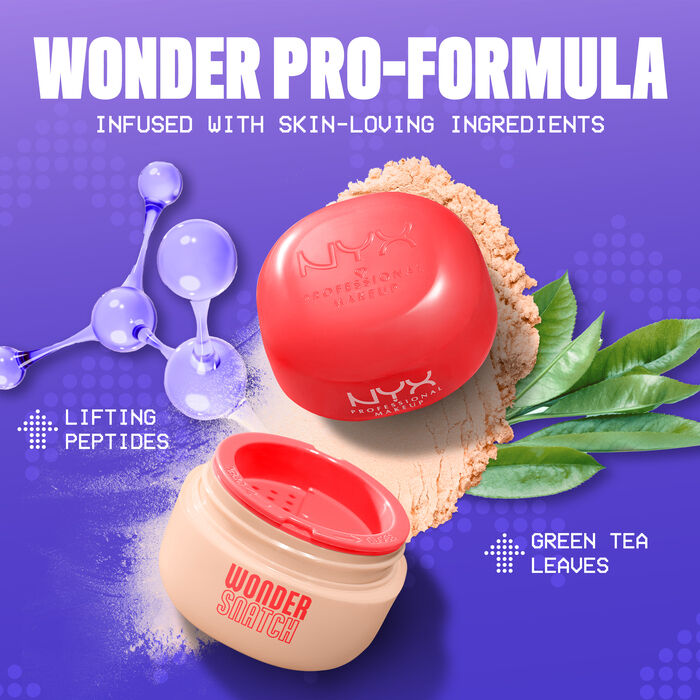 Wonder Snatch Setting Powder open packshot with texture surrounded by ingredients of peptides and green tea leaves