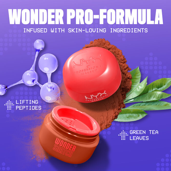 Wonder Snatch Setting Powder open packshot with texture surrounded by ingredients of peptides and green tea leaves